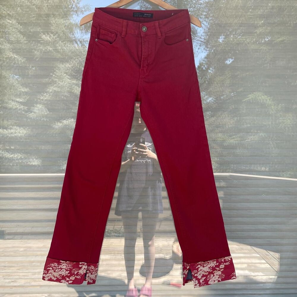 Women's Red Jeans with Floral Cuffs